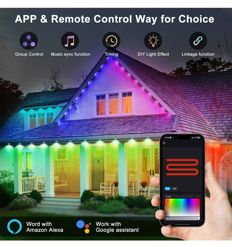 Smart 50FT LED Outdoor Permanent Eave Lights with App Control Music Sync RGBIC Holiday Lighting - Ki